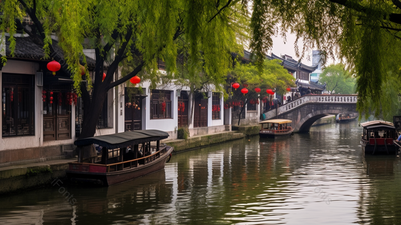 安静的江南水乡西塘柳树船只背景,高清,摄影图,摄影图片,图片大全,摄影图免费下载